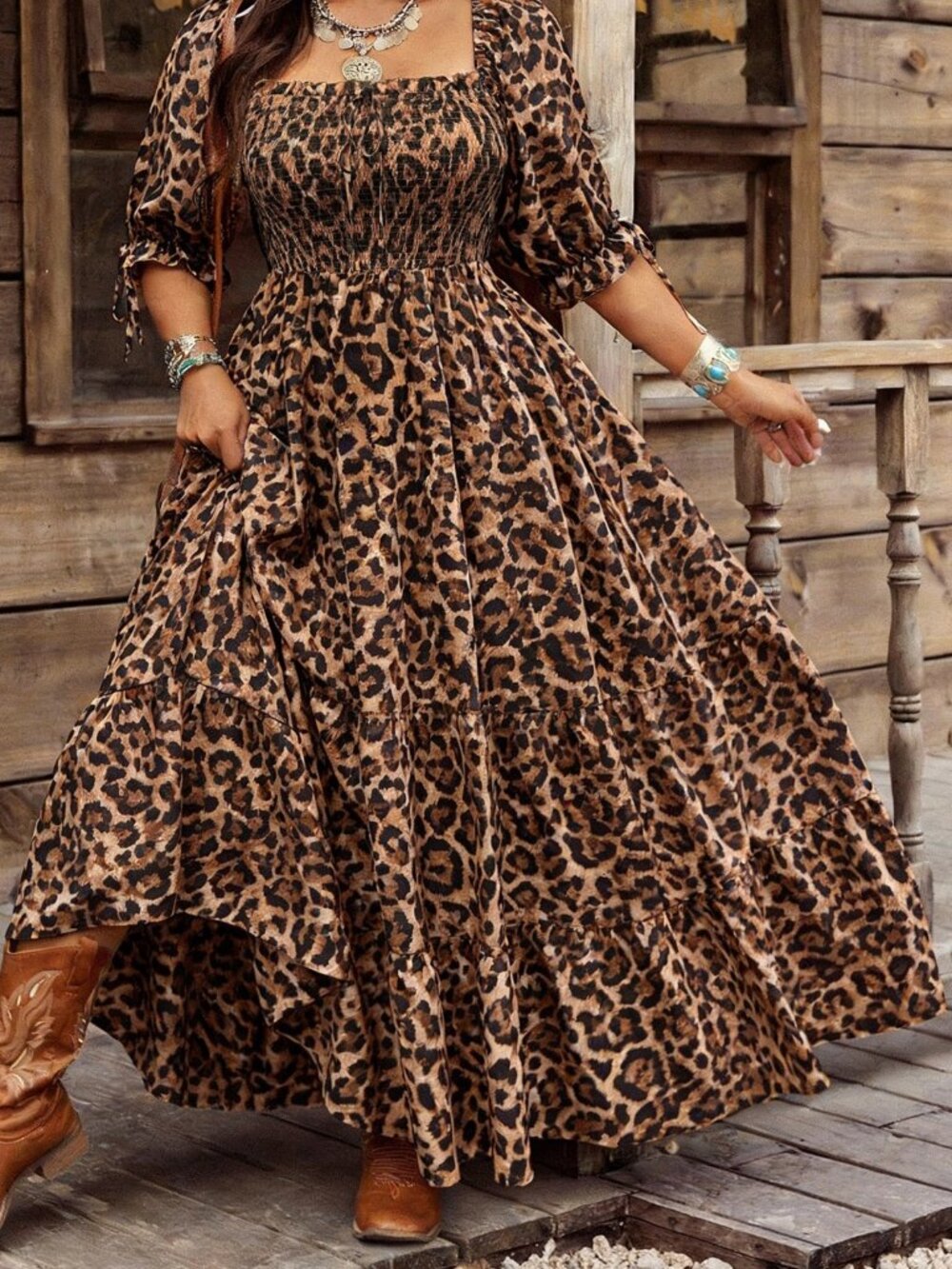 Brown & Black Leopard Print Women's Square Neck Flounce Hem A-Line Dress